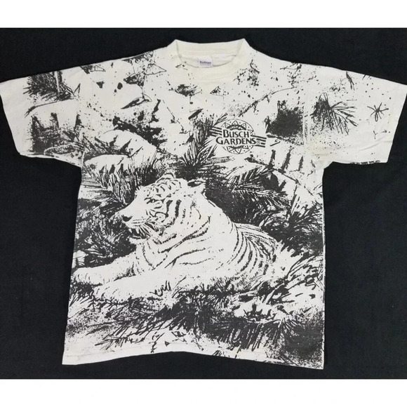 Vintage 90's BUSCH GARDENS Tiger All Over Print Souvenir T-Shirt "One Size Tag" - Picture 1 of 7